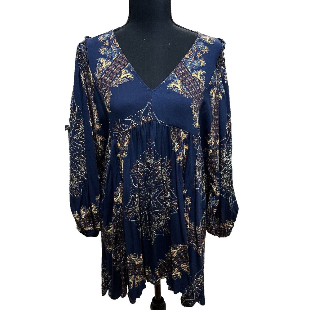Free People Girl Talk Tunic Top Women's Size S Paisley Print V-Neck Pockets Navy